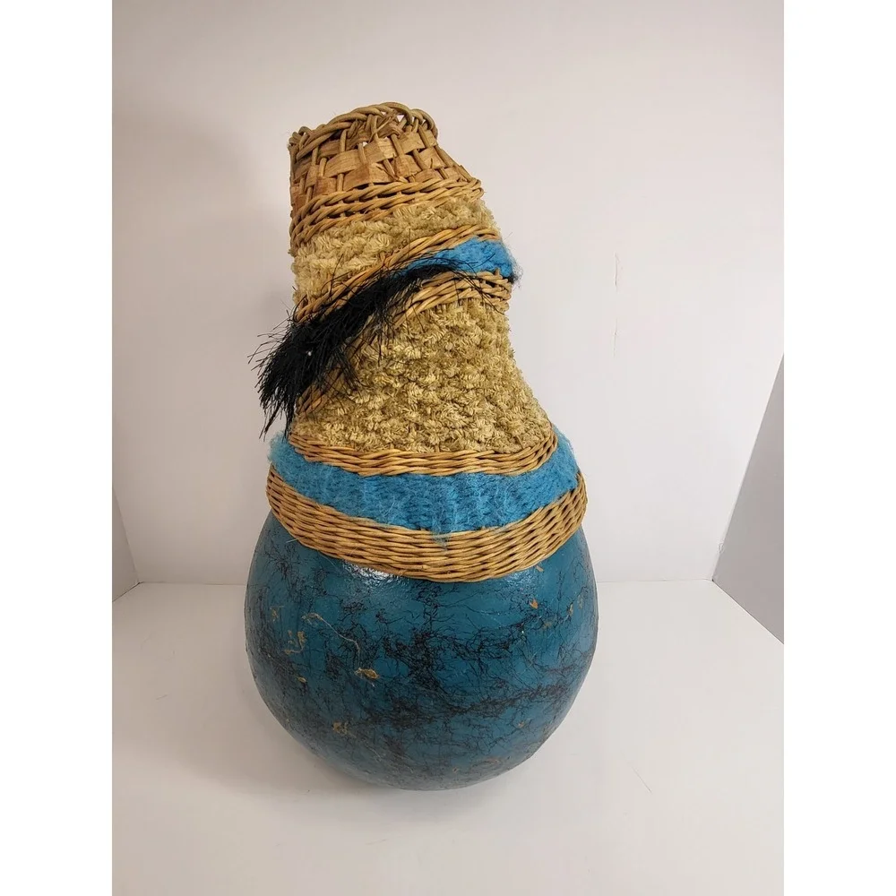 Handmade Mixed Media Gourd Vase Woven Wicker Textile Teal Blue Boho Decor 12in